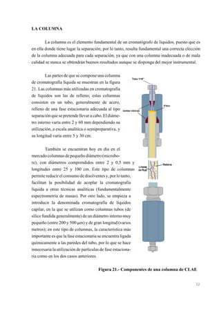 LA COLUMNA
La columna es el elemento fundamental de un cromatógrafo de líquidos, puesto que es
en ella donde tiene lugar la separación; por lo tanto, resulta fundamental una correcta elección
de la columna adecuada para cada separación, ya que con una columna inadecuada o de mala
calidad se nunca se obtendrán buenos resultados aunque se disponga del mejor instrumental.
Las partes de que se compone una columna
de cromatografía líquida se muestran en la figura
21. Las columnas más utilizadas en cromatografía
de líquidos son las de relleno; estas columnas
consisten en un tubo, generalmente de acero,
relleno de una fase estacionaria adecuada al tipo
separación que se pretende llevar a cabo. El diámetro interno varía entre 2 y 60 mm dependiendo su
utilización, a escala analítica o semipreparativa, y
su longitud varía entre 5 y 30 cm.
También se encuentran hoy en día en el
mercado columnas de pequeño diámetro (microbore), con diámetros comprendidos entre 2 y 0,5 mm y
longitudes entre 25 y 100 cm. Este tipo de columnas
permite reducir el consumo de disolventes y, por lo tanto,
facilitan la posibilidad de acoplar la cromatografía
líquida a otras técnicas analíticas (fundamentalmente
espectrometría de masas). Por otro lado, se empieza a
introducir la denominada cromatografía de líquidos
capilar, en la que se utilizan como columnas tubos (de
sílice fundida generalmente) de un diámetro interno muy
pequeño (entre 200 y 500 :m) y de gran longitud (varios
metros); en este tipo de columnas, la característica más
importante es que la fase estacionaria se encuentra ligada
químicamente a las paredes del tubo, por lo que se hace
innecesaria la utilización de partículas de fase estacionaria como en los dos casos anteriores.
Figura 21.- Componentes de una columna de CLAE

32

 