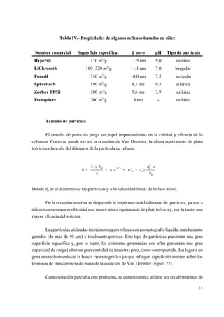 Tabla IV.- Propiedades de algunos rellenos basados en sílice
Nombre comercial

Superficie específica.

N poro

pH

Tipo de partícula

170 m2/g

11,5 nm

9,0

esférica

100 -320 m2/g

11,1 nm

7.0

irregular

Porasil

350 m2/g

10.0 nm

7.2

irregular

Spherisorb

190 m2/g

8,1 nm

9.5

esférica

Zorbax BPSil

300 m2/g

5,6 nm

3.9

esférica

Pecosphere

300 m2/g

8 nm

-

esférica

Hypersil
LiChrosorb

Tamaño de partícula
El tamaño de partícula juega un papel importantísimo en la calidad y eficacia de la
columna. Como se puede ver en la ecuación de Van Deemter, la altura equivalente de plato
teórico es función del diámetro de la partícula de relleno:

Donde dp es el diámetro de las partículas y u la velocidad lineal de la fase móvil.
De la ecuación anterior se desprende la importancia del diámetro de partícula, ya que a
diámetros menores se obtendrá una menor altura equivalente de plato teórico y, por lo tanto, una
mayor eficacia del sistema.
Las partículas utilizadas inicialmente para rellenos en cromatografía líquida, eran bastante
grandes (de más de 40 :m) y totalmente porosas. Este tipo de partículas presentan una gran
superficie específica y, por lo tanto, las columnas preparadas con ellas presentan una gran
capacidad de carga (admiten gran cantidad de muestra) pero, como contrapartida, dan lugar a un
gran ensanchamiento de la banda cromatográfica ya que influyen significativamente sobre los
términos de transferencia de masa de la ecuación de Van Deemter (figura 22).
Como solución parcial a este problema, se comenzaron a utilizar los recubrimientos de
36

 