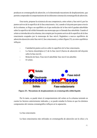 producen en cromatografía de adsorción, es la denominada mecanismo de desplazamiento, que
permite comprender el comportamiento de los diferentes sistemas de cromatografía de adsorción.
Esta teoría, propone la existencia de una competencia, entre soluto y fase móvil, por los
puntos activos de la superficie de la fase estacionaria. Así, cuando el eluyente puro pasa a través
de la columna, se llega a un equilibrio en el que moléculas de la fase móvil quedan adsorbidas
sobre la superficie del sólido formando una monocapa que es llamada fase adsorbida. Cuando el
soluto es introducido en la columna, éste compite por los puntos activos de la superficie de la fase
estacionaria ocupados por la monocapa de fase móvil, llegándose a nuevos equilibrios de
adsorción-desorción entre fase móvil, fase estacionaria y soluto (figura 25); en estos equilibrios
influyen:
-

Cantidad de puntos activos sobre la superficie de la fase estacionaria.
La fuerza eleuotrópica (,o) de la fase movil (fuerza de adsorción del eluyente
sobre la fase movil).
Relación de fases. Fase movil adsorbida/ fase movil sin adsorber.
El soluto.

Figura 25.- Mecanismo de desplazamiento en cromatografía sólido/líquido

Por lo tanto, se puede intuir el comportamiento del soluto en la columna teniendo en
cuenta los factores anteriormente indicados, y se puede estudiar la forma en que los distintos
componentes del sistema cromatográfico influyen en la separación.

La fase estacionaria
La fases estacionarias más utilizadas en cromatografía de adsorción son la sílice y la

41

 