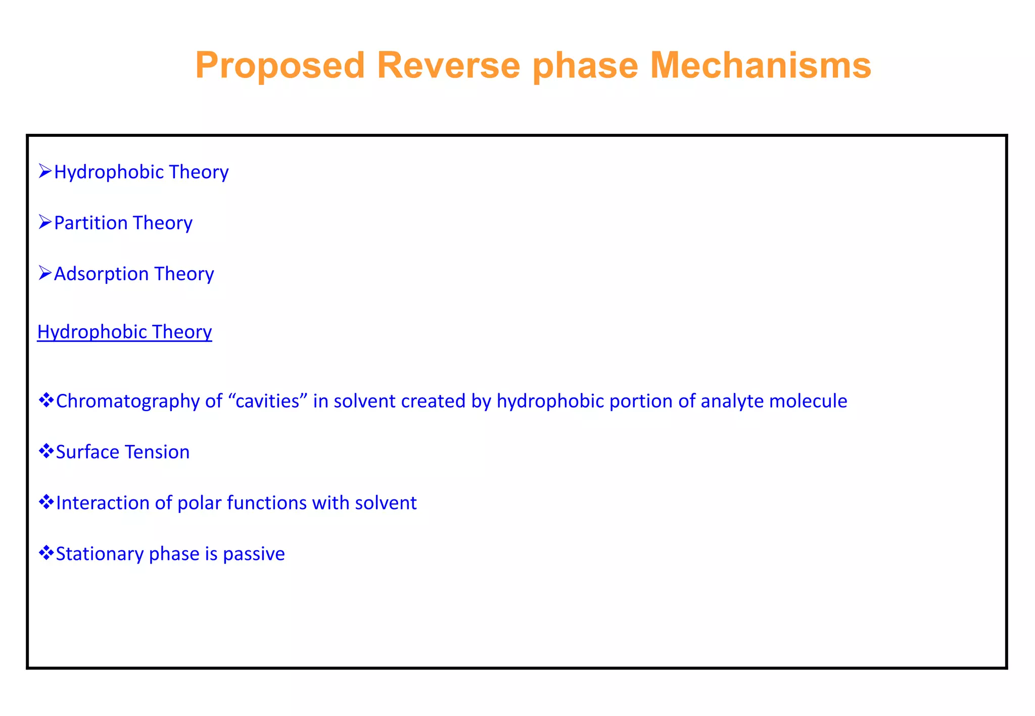 Proposed Reverse phase Mechanisms 
Hydrophobic Theory 
Partition Theory 
Adsorption Theory 
Hydrophobic Theory 
Chromatography of “cavities” in solvent created by hydrophobic portion of analyte molecule 
Surface Tension 
Interaction of polar functions with solvent 
Stationary phase is passive  