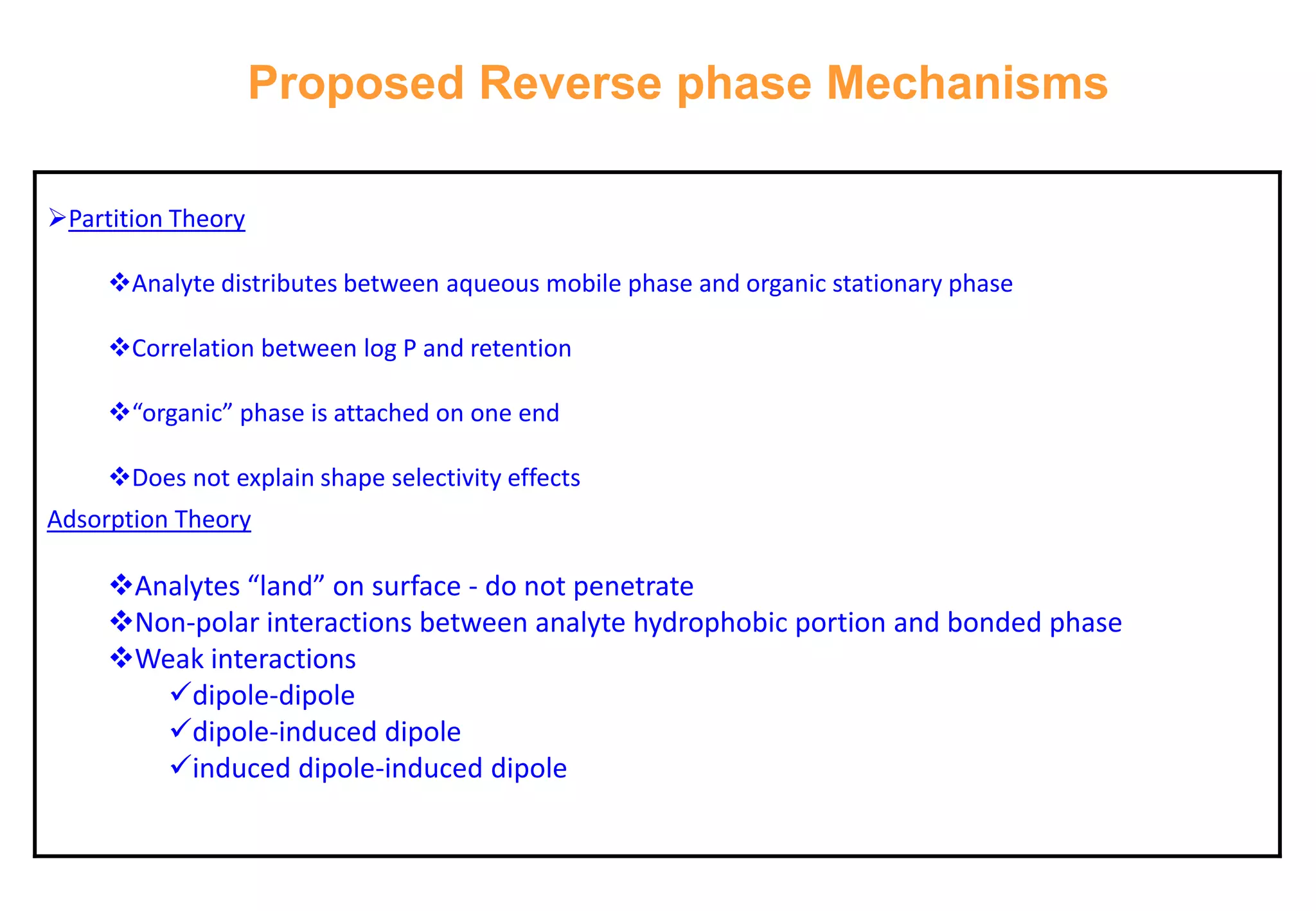 Proposed Reverse phase Mechanisms 
Partition Theory 
Analyte distributes between aqueous mobile phase and organic stationary phase 
Correlation between log P and retention 
“organic” phase is attached on one end 
Does not explain shape selectivity effects 
Adsorption Theory 
Analytes “land” on surface -do not penetrate 
Non-polar interactions between analyte hydrophobic portion and bonded phase 
Weak interactions 
dipole-dipole 
dipole-induced dipole 
induced dipole-induced dipole  