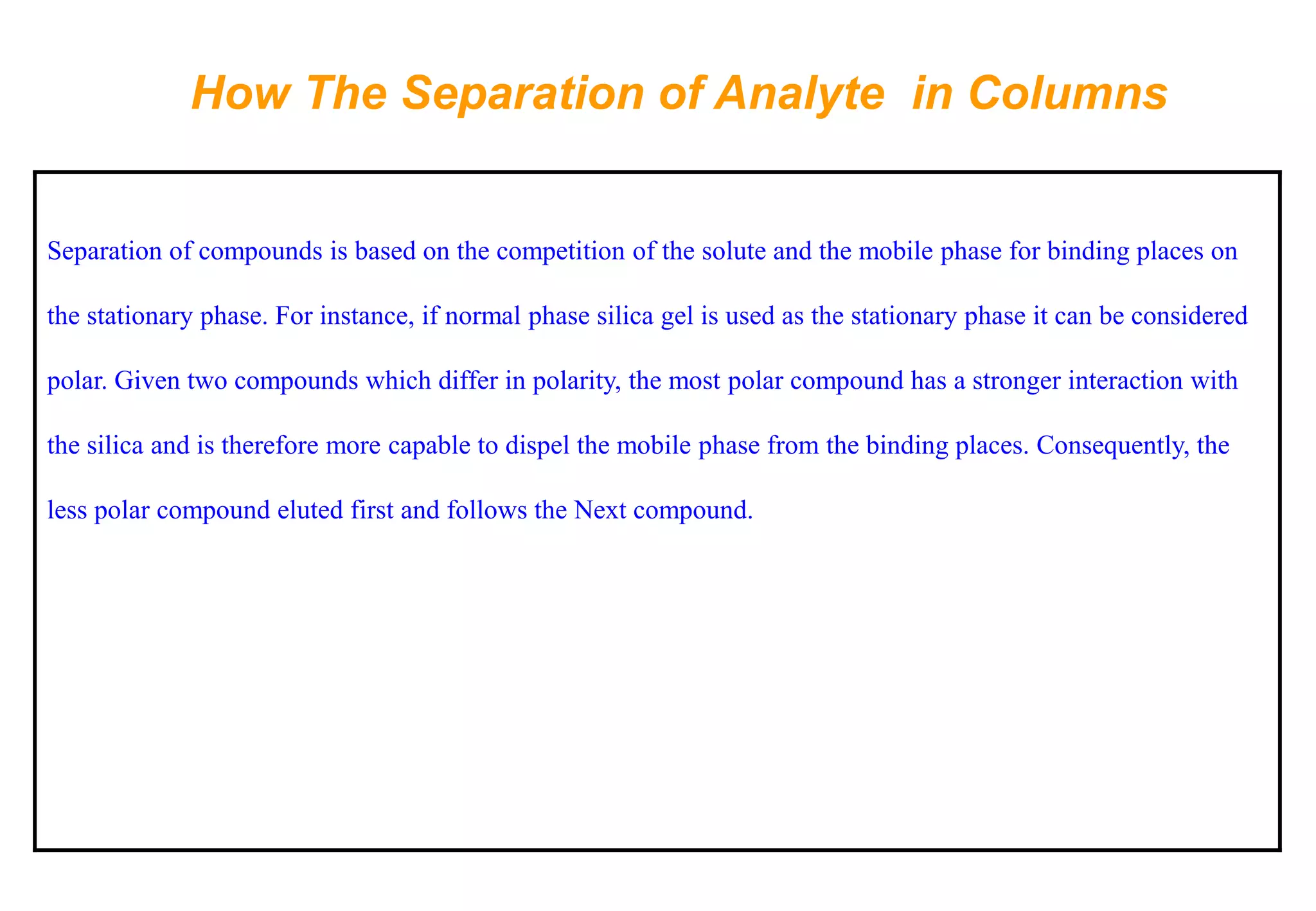How The Separation of Analyte in Columns 
Separation of compounds is based on the competition of the solute and the mobile phase for binding places on the stationary phase. For instance, if normal phase silica gel is used as the stationary phase it can be considered polar. Given two compounds which differ in polarity, the most polar compound has a stronger interaction with the silica and is therefore more capable to dispel the mobile phase from the binding places. Consequently, the less polar compound eluted first and follows the Next compound.  
