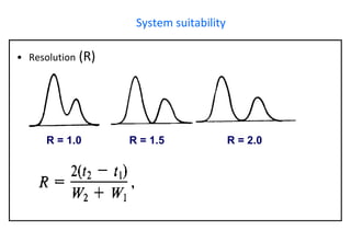 System suitability 
•Resolution(R) R = 1.0 R = 1.5 R = 2.0  