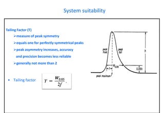 Tailing Factor (T) 
measure of peak symmetry 
equals one for perfectly symmetrical peaks 
peak asymmetry increases, accuracy 
and precision becomes less reliable 
generally not more than 2 
System suitability 
•Tailing factor  