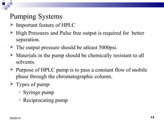 Pumping Systems 
 Important feature of HPLC 
 High Pressures and Pulse free output is required for better 
separation. 
 The output pressure should be atleast 5000psi. 
 Materials in the pump should be chemically resistant to all 
solvents. 
 Purpose of HPLC pump is to pass a constant flow of mobile 
phase through the chromatographic column. 
 Types of pump: 
 Syringe pump 
 Reciprocating pump 
09/29/14 13 
 