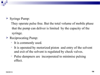  Syringe Pump: 
They operate pulse free. But the total volume of mobile phase 
that the pump can deliver is limited by the capacity of the 
syringe. 
 Reciprocating Pump: 
• It is commonly used. 
• It is operated by motorized piston and entry of the solvent 
and exit of the solvent is regulated by check valves. 
• Pulse dampners are incorporated to minimise pulsing 
effect. 
09/29/14 14 
 