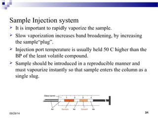 Sample Injection system 
 It is important to rapidly vaporize the sample. 
 Slow vaporization increases band broadening, by increasing 
the sample“plug”. 
 Injection port temperature is usually held 50 C higher than the 
BP of the least volatile compound. 
 Sample should be introduced in a reproducible manner and 
must vapourize instantly so that sample enters the column as a 
single slug. 
09/29/14 31 
 