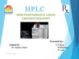 HPLC 
HigH Performance Liquid 
cHromatograPHy 
Presented by;- 
V.N.Raju 
B-Pharmacy 
4th year 
Guided by: 
M. Alekhya Mam 
NNR school of pharmacy.. 1 
 