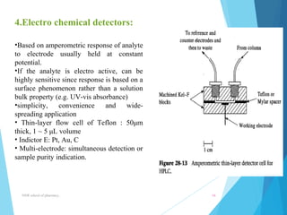 4.Electro chemical detectors: 
•Based on amperometric response of analyte 
to electrode usually held at constant 
potential. 
•If the analyte is electro active, can be 
highly sensitive since response is based on a 
surface phenomenon rather than a solution 
bulk property (e.g. UV-vis absorbance) 
•simplicity, convenience and wide-spreading 
application 
• Thin-layer flow cell of Teflon : 50μm 
thick, 1 ~ 5 μL volume 
• Indictor E: Pt, Au, C 
• Multi-electrode: simultaneous detection or 
sample purity indication. 
NNR school of pharmacy.. 16 
 