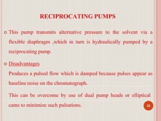 RECIPROCATING PUMPS
 This pump transmits alternative pressure to the solvent via a
flexible diaphragm ,which in turn is hydraulically pumped by a
reciprocating pump.
 Disadvantages
Produces a pulsed flow which is damped because pulses appear as
baseline noise on the chromatograph.
This can be overcome by use of dual pump heads or elliptical
cams to minimize such pulsations. 33
 