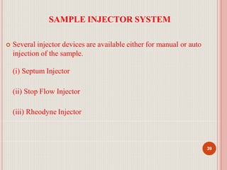 SAMPLE INJECTOR SYSTEM
39
 Several injector devices are available either for manual or auto
injection of the sample.
(i) Septum Injector
(ii) Stop Flow Injector
(iii) Rheodyne Injector
 