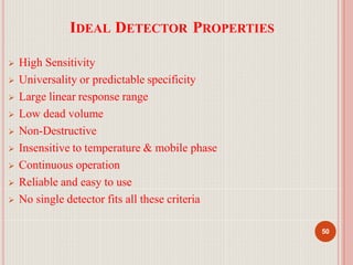 IDEAL DETECTOR PROPERTIES
50
 High Sensitivity
 Universality or predictable specificity
 Large linear response range
 Low dead volume
 Non-Destructive
 Insensitive to temperature & mobile phase
 Continuous operation
 Reliable and easy to use
 No single detector fits all these criteria
 