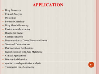 APPLICATION
 Drug Discovery
 Clinical Analysis
 Proteomics
 Forensic Chemistry
 Drug Metabolism study
 Environmental chemistry
 Diagnostic studies
 Cosmetic analysis
 Determination of Green Florescent Protein
 Structural Determination
 Pharmaceutical Applications
 Identification of Bile Acid Metabolite
 Clinical Applications
 Biochemical Genetics
 qualitative and quantitative analysis
 Therapeutic Drug Monitoring
63
 