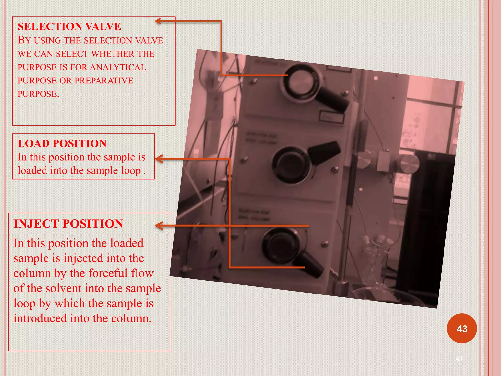 43
SELECTION VALVE
BY USING THE SELECTION VALVE
WE CAN SELECT WHETHER THE
PURPOSE IS FOR ANALYTICAL
PURPOSE OR PREPARATIVE
PURPOSE.
INJECT POSITION
In this position the loaded
sample is injected into the
column by the forceful flow
of the solvent into the sample
loop by which the sample is
introduced into the column.
LOAD POSITION
In this position the sample is
loaded into the sample loop .
43
 