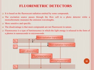 FLUORIMETRIC DETECTORS
 It is based on the fluorescent radiation emitted by some compounds.
 The excitation source passes through the flow cell to a photo detector while a
monochromatic measures the emission wavelengths.
 More sensitive and specific.
 The disadvantage is that most compounds are not fluorescent in nature.
 Fluorescence is a type of luminescence in which the light energy is released in the form of
a photon in nanoseconds to microseconds.
55
S1
T1
S0
Light absorption
Non-radiation transition
Non-radiation transition
Fluorescence
Phosphorescence
 