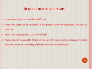 REQUIREMENTS FOR PUMPS
 Generation of pressure of about 6000 psi.
 Pulse free output & all materials in the pump should be chemically resistant to
solvents.
 Flow rates ranging from 0.1 to 10 mL/min
 Pumps should be capable of taking the solvent from a single reservoir or more
than one reservoir containing different solvents simultaneously.
28
 