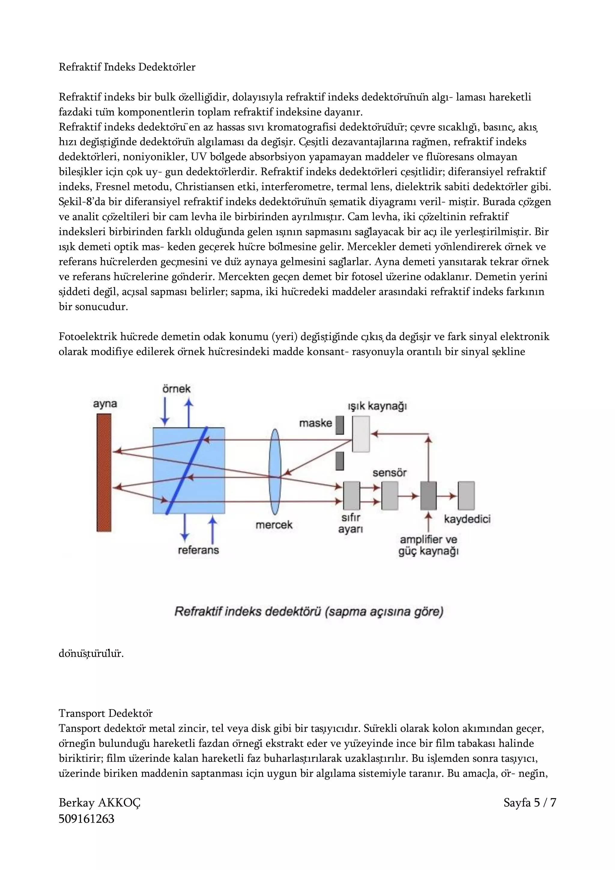 Berkay AKKOÇ Sayfa 5 / 7
509161263
Refraktif İndeks Dedektörler
Refraktif indeks bir bulk özelliğidir, dolayısıyla refraktif indeks dedektörünün algı- laması hareketli
fazdaki tüm komponentlerin toplam refraktif indeksine dayanır.
Refraktif indeks dedektörü en az hassas sıvı kromatografisi dedektörüdür; çevre sıcaklığı, basınç, akış
hızı değiştiğinde dedektörün algılaması da değişir. Çeşitli dezavantajlarına rağmen, refraktif indeks
dedektörleri, noniyonikler, UV bölgede absorbsiyon yapamayan maddeler ve flüoresans olmayan
bileşikler için çok uy- gun dedektörlerdir. Refraktif indeks dedektörleri çeşitlidir; diferansiyel refraktif
indeks, Fresnel metodu, Christiansen etki, interferometre, termal lens, dielektrik sabiti dedektörler gibi.
Şekil-8’da bir diferansiyel refraktif indeks dedektörünün şematik diyagramı veril- miştir. Burada çözgen
ve analit çözeltileri bir cam levha ile birbirinden ayrılmıştır. Cam levha, iki çözeltinin refraktif
indeksleri birbirinden farklı olduğunda gelen ışının sapmasını sağlayacak bir açı ile yerleştirilmiştir. Bir
ışık demeti optik mas- keden geçerek hücre bölmesine gelir. Mercekler demeti yönlendirerek örnek ve
referans hücrelerden geçmesini ve düz aynaya gelmesini sağlarlar. Ayna demeti yansıtarak tekrar örnek
ve referans hücrelerine gönderir. Mercekten geçen demet bir fotosel üzerine odaklanır. Demetin yerini
şiddeti değil, açısal sapması belirler; sapma, iki hücredeki maddeler arasındaki refraktif indeks farkının
bir sonucudur.
Fotoelektrik hücrede demetin odak konumu (yeri) değiştiğinde çıkış da değişir ve fark sinyal elektronik
olarak modifiye edilerek örnek hücresindeki madde konsant- rasyonuyla orantılı bir sinyal şekline
dönüştürülür.
Transport Dedektör
Tansport dedektör metal zincir, tel veya disk gibi bir taşıyıcıdır. Sürekli olarak kolon akımından geçer,
örneğin bulunduğu hareketli fazdan örneği ekstrakt eder ve yüzeyinde ince bir film tabakası halinde
biriktirir; film üzerinde kalan hareketli faz buharlaştırılarak uzaklaştırılır. Bu işlemden sonra taşıyıcı,
üzerinde biriken maddenin saptanması için uygun bir algılama sistemiyle taranır. Bu amaçla, ör- neğin,
 