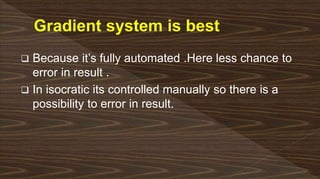  Because it’s fully automated .Here less chance to
error in result .
 In isocratic its controlled manually so there is a
possibility to error in result.
 