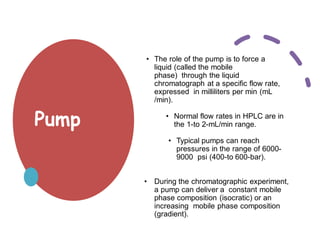 Pump
• The role of the pump is to force a
liquid (called the mobile
phase) through the liquid
chromatograph at a specific flow rate,
expressed in milliliters per min (mL
/min).
• Normal flow rates in HPLC are in
the 1-to 2-mL/min range.
• Typical pumps can reach
pressures in the range of 6000-
9000 psi (400-to 600-bar).
• During the chromatographic experiment,
a pump can deliver a constant mobile
phase composition (isocratic) or an
increasing mobile phase composition
(gradient).
 