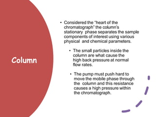 • Considered the “heart of the
chromatograph” the column’s
stationary phase separates the sample
components of interest using various
physical and chemical parameters.
• The small particles inside the
column are what cause the
high back pressure at normal
flow rates.
• The pump must push hard to
move the mobile phase through
the column and this resistance
causes a high pressure within
the chromatograph.
Column
 