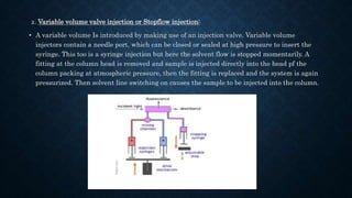 2. Variable volume valve injection or Stopflow injection:
• A variable volume Is introduced by making use of an injection valve. Variable volume
injectors contain a needle port, which can be closed or sealed at high pressure to insert the
syringe. This too is a syringe injection but here the solvent flow is stopped momentarily. A
fitting at the column head is removed and sample is injected directly into the head pf the
column packing at atmospheric pressure, then the fitting is replaced and the system is again
pressurized. Then solvent line switching on causes the sample to be injected into the column.
 