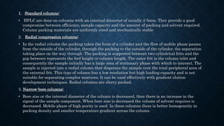 1. Standard columns:
• HPLC are done on columns with an internal diameter of usually 4-5mm. They provide a good
compromise between efficiency, sample capacity and the amount of packing and solvent required.
Column packing materials are uniformly sized and mechanically stable
2. Radial compression columns:
• In the radial column the packing takes the form of a cylinder and the flow of mobile phase passes
from the outside of the cylinder, through the packing to the outside of the cylinder, the separation
taking place on the way through. The packing is supported between two cylindrical frits and the
gap between represents the bed height or column length. The outer frit is the column inlet and
consequently the sample initially has a large area of stationary phase with which to interact. The
sample is injected into a radial column that disperses the sample over the total peripheral area of
the external frit. This type of column has a low resolution but high loading capacity and is not
suitable for separating complex mixtures. It can be used effectively with gradient elution
development techniques. Radial columns are slurry packed.
3. Narrow-bore columns:
• Bore size or the internal diameter of the column is decreased, then there is an increase in the
signal of the sample component. When bore size is decreased the volume of solvent requires is
decreased. Mobile phase of high purity is used. In these columns there is better homogeneity in
packing density and smaller temperature gradient across the column.
 