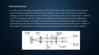 Ultraviolet detectors
• It works on the principle of adsorption of UV-visible light as the effluent from the column is
passed through small flow cell held in the radiation beam. The UV detector measure the
change in the UV adsorption as the solute passes through a flow cell (usually 10μl in volume)
In a UV transparent solvent. A light source delivers a monochromatic parallel light beam
which passes through a cell swept by a column effluent, and fall on the photo cell. A signal
proportional to the amount of light received is measured and recorded. The source of light of
the sample UV photometer is generally a mercury lamp providing work at 200 to 400nm.
 