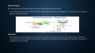 Disadvantages
 Careful choice of mobile phase, Ph and mobile phase composition
• eg: aniline is cation at acidic Ph and do not fluorescent but in pH range of 7-12 it exist as a neutral
species and fluorescent.
Recorders
• The signals from the detector are recorded as deviations from the baseline. The peak position along the
curve(retention time) denotes a particular compound and a peak area or height is a measure of amount of
component in the sample.
•
 
