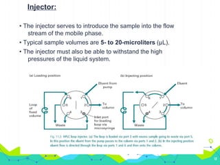 Injector:
• The injector serves to introduce the sample into the flow
stream of the mobile phase.
• Typical sample volumes are 5- to 20-microliters (µL).
• The injector must also be able to withstand the high
pressures of the liquid system.
12
 