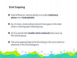 End Capping
◉ Goal of Reverse column phase is to make stationary
phase more hydrophobic.
◉ So, in many reverse phase column have gaps in the alkyl
chain i.e leaving open silonol group.
◉ So it is solved with smaller steric molecule that cover up
the silanol group.
◉ This end capping helps to fix the tailing in the curve which is
obtained in the chromatogram.
21
 
