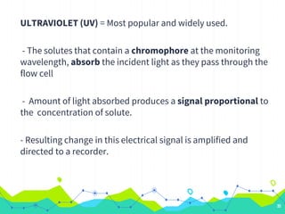 ULTRAVIOLET (UV) = Most popular and widely used.
- The solutes that contain a chromophore at the monitoring
wavelength, absorb the incident light as they pass through the
flow cell
- Amount of light absorbed produces a signal proportional to
the concentration of solute.
- Resulting change in this electrical signal is amplified and
directed to a recorder.
35
 
