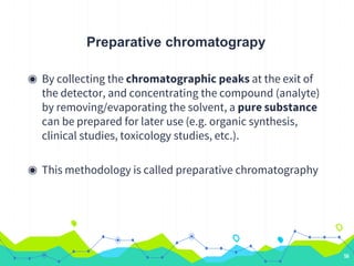 Preparative chromatograpy
◉ By collecting the chromatographic peaks at the exit of
the detector, and concentrating the compound (analyte)
by removing/evaporating the solvent, a pure substance
can be prepared for later use (e.g. organic synthesis,
clinical studies, toxicology studies, etc.).
◉ This methodology is called preparative chromatography
56
 
