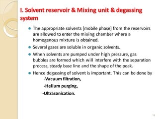 I. Solvent reservoir & Mixing unit & degassing
system
14
⚫ The appropriate solvents [mobile phase] from the reservoirs
are...