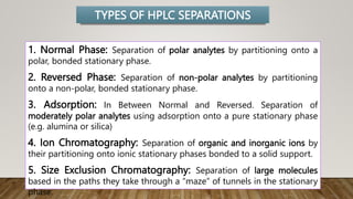 1. Normal Phase: Separation of polar analytes by partitioning onto a
polar, bonded stationary phase.
2. Reversed Phase: Separation of non-polar analytes by partitioning
onto a non-polar, bonded stationary phase.
3. Adsorption: In Between Normal and Reversed. Separation of
moderately polar analytes using adsorption onto a pure stationary phase
(e.g. alumina or silica)
4. Ion Chromatography: Separation of organic and inorganic ions by
their partitioning onto ionic stationary phases bonded to a solid support.
5. Size Exclusion Chromatography: Separation of large molecules
based in the paths they take through a “maze” of tunnels in the stationary
phase.
TYPES OF HPLC SEPARATIONS
 