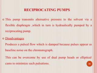 RECIPROCATING PUMPS
 This pump transmits alternative pressure to the solvent via a
flexible diaphragm ,which in turn is hydraulically pumped by a
reciprocating pump.
 Disadvantages
Produces a pulsed flow which is damped because pulses appear as
baseline noise on the chromatograph.
This can be overcome by use of dual pump heads or elliptical
cams to minimize such pulsations. 33
 