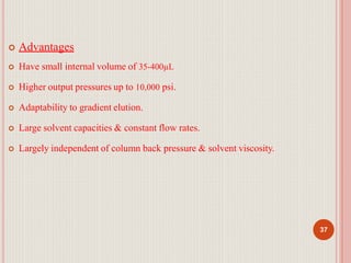  Advantages
 Have small internal volume of 35-400µL
 Higher output pressures up to 10,000 psi.
 Adaptability to gradient elution.
 Large solvent capacities & constant flow rates.
 Largely independent of column back pressure & solvent viscosity.
37
 