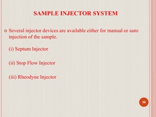 SAMPLE INJECTOR SYSTEM
39
 Several injector devices are available either for manual or auto
injection of the sample.
(i) Septum Injector
(ii) Stop Flow Injector
(iii) Rheodyne Injector
 