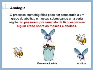 Analogia
O processo cromatográfico pode ser comparado a um
grupo de abelhas e moscas sobrevoando uma certa
região: ao passarem por uma lata de lixo, espera-se
algum efeito sobre as moscas e abelhas.
Fase estacionária Analitos
 
