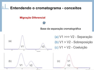 Entendendo o cromatograma - conceitos
Migração Diferencial
Base da separação cromatográfica
Diferentes velocidades médias que as moléculas dos solutos
migram através da coluna
 