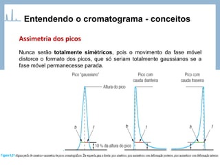 Assimetria dos picos
Nunca serão totalmente simétricos, pois o movimento da fase móvel
distorce o formato dos picos, que só seriam totalmente gaussianos se a
fase móvel permanecesse parada.
Entendendo o cromatograma - conceitos
 