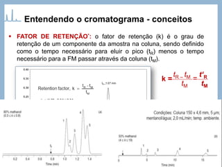 ▪ FATOR DE RETENÇÃO*: o fator de retenção (k) é o grau de
retenção de um componente da amostra na coluna, sendo definido
como o tempo necessário para eluir o pico (tR) menos o tempo
necessário para a FM passar através da coluna (tM).
k =
tR – tM
tM
=
t‘R
tM
De acordo com Snyder,
1<k<10
Entendendo o cromatograma - conceitos
 