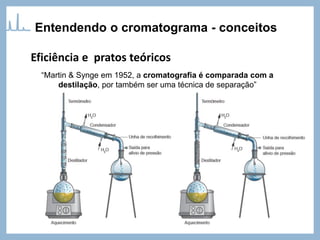 Eficiência e pratos teóricos
“Martin & Synge em 1952, a cromatografia é comparada com a
destilação, por também ser uma técnica de separação”
Entendendo o cromatograma - conceitos
 