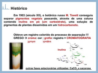 Histórico
outras fases estacionárias utilizadas: CaCO3 e sacarose
Em 1903 (século XX), o botânico russo M. Tswett conseguiu
separar pigmentos vegetais passando, através de uma coluna
contendo inulina em pó (um carboidrato), uma solução de
pigmentos de plantas dissolvidos em um hidrocarboneto.
Obteve um registro colorido do processo de separação !!!
GREGO → croma: cor ; grafia: registro = CROMATOGRAFIA
croma grafia
Inulina
 