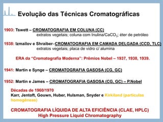 Evolução das Técnicas Cromatográficas
1903: Tswett – CROMATOGRAFIA EM COLUNA (CC)
extratos vegetais; coluna com Inulina/CaCO3; éter de petróleo
1938: Izmailov e Shraiber–CROMATOGRAFIA EM CAMADA DELGADA (CCD, TLC)
extratos vegetais; placa de vidro c/ alumina
ERA da “Cromatografia Moderna”: Prêmios Nobel – 1937, 1938, 1939.
1941: Martin e Synge – CROMATOGRAFIA GASOSA (CG, GC)
1952: Martin e James – CROMATOGRAFIA GASOSA (CG, GC) – P.Nobel
Décadas de 1960/1970
Karr, Jentoft, Gouwn, Huber, Hulsman, Snyder e Kirkiland (partículas
homogêneas)
CROMATOGRAFIA LÍQUIDA DE ALTA EFICIÊNCIA (CLAE, HPLC)
High Pressure Liquid Chromatography
 