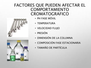 FACTORES QUE PUEDEN AFECTAR EL
COMPORTAMIENTO
CROMATOGRAFICO
• PH FASE MÓVIL
• TEMPERATURA
• VELOCIDAD FLUJO
• PRESIÓN
• DIMENSIÓN DE LA COLUMNA
• COMPOSICIÓN FASE ESTACIONARIA
• TAMAÑO DE PARTÍCULA
 