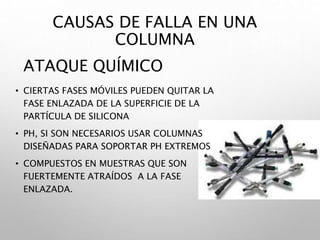 CAUSAS DE FALLA EN UNA
COLUMNA
• CIERTAS FASES MÓVILES PUEDEN QUITAR LA
FASE ENLAZADA DE LA SUPERFICIE DE LA
PARTÍCULA DE SILICONA
• PH, SI SON NECESARIOS USAR COLUMNAS
DISEÑADAS PARA SOPORTAR PH EXTREMOS
• COMPUESTOS EN MUESTRAS QUE SON
FUERTEMENTE ATRAÍDOS A LA FASE
ENLAZADA.
ATAQUE QUÍMICO
 