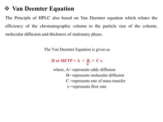 The Principle of HPLC also based on Van Deemter equation which relates the
efficiency of the chromatographic column to the particle size of the column,
molecular diffusion and thickness of stationary phase.
 Van Deemter Equation
 