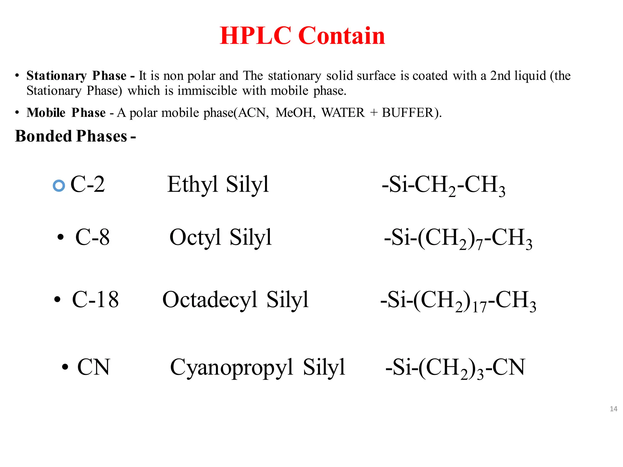 HPLC Contain
• Stationary Phase - It is non polar and The stationary solid surface is coated with a 2nd liquid (the
Stationary Phase) which is immiscible with mobile phase.
• Mobile Phase - A polar mobile phase(ACN, MeOH, WATER + BUFFER).
Bonded Phases -
14
 C-2 Ethyl Silyl -Si-CH2-CH3
• CN Cyanopropyl Silyl -Si-(CH2)3-CN
• C-18 Octadecyl Silyl -Si-(CH2)17-CH3
• C-8 Octyl Silyl -Si-(CH2)7-CH3
 