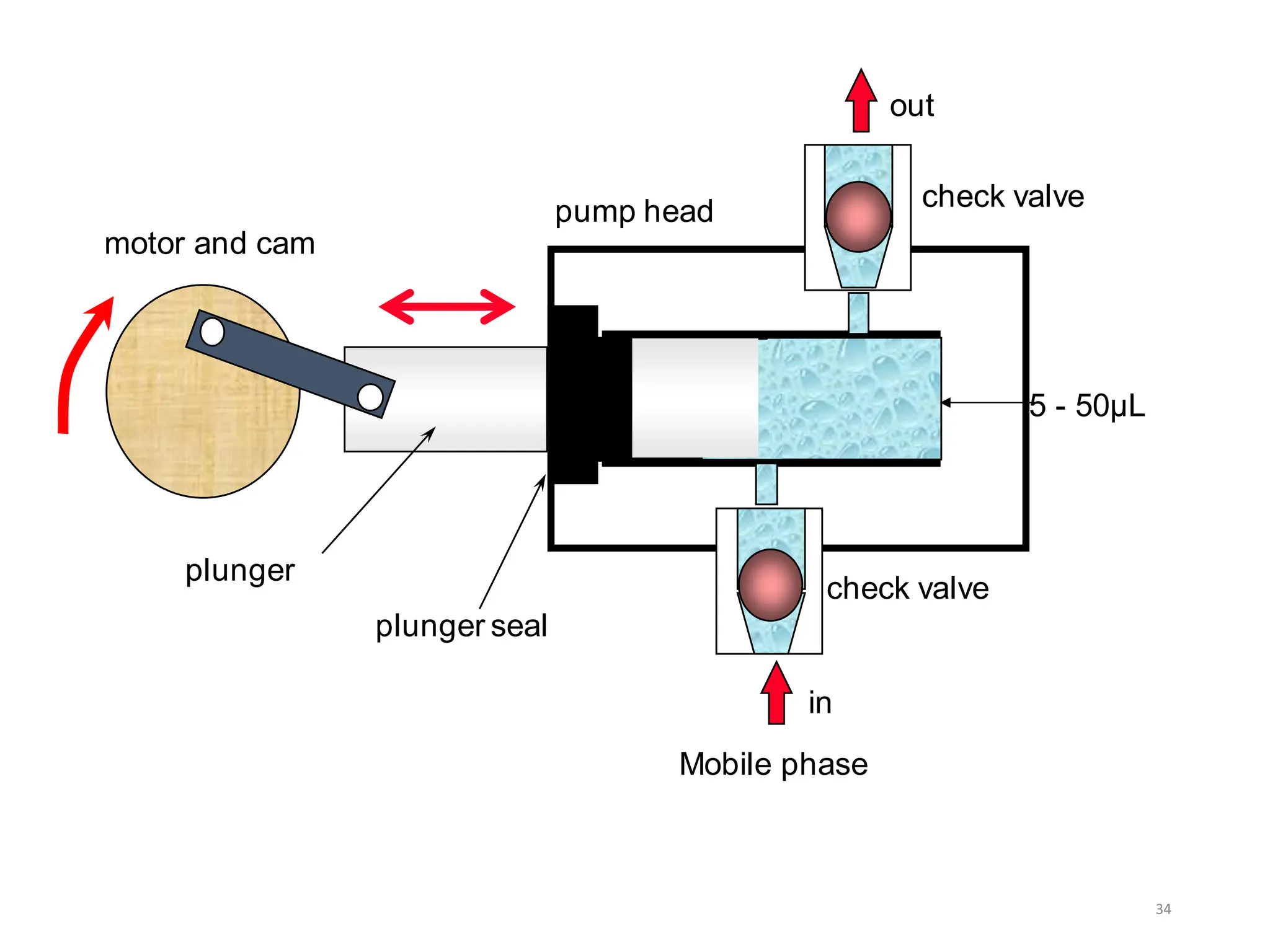 34
motor and cam
plunger
plunger seal
check valve
pump head
5 - 50µL
out
in
Mobile phase
check valve
 