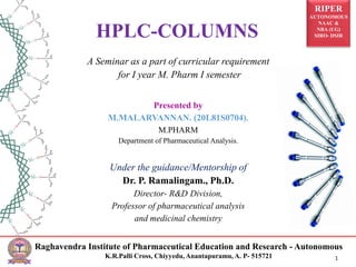 RIPER
AUTONOMOUS
NAAC &
NBA (UG)
SIRO- DSIR
Raghavendra Institute of Pharmaceutical Education and Research - Autonomous
K.R.Palli Cross, Chiyyedu, Anantapuramu, A. P- 515721 1
A Seminar as a part of curricular requirement
for I year M. Pharm I semester
Presented by
M.MALARVANNAN. (20L81S0704).
M.PHARM
Department of Pharmaceutical Analysis.
Under the guidance/Mentorship of
Dr. P. Ramalingam., Ph.D.
Director- R&D Division,
Professor of pharmaceutical analysis
and medicinal chemistry
HPLC-COLUMNS
 